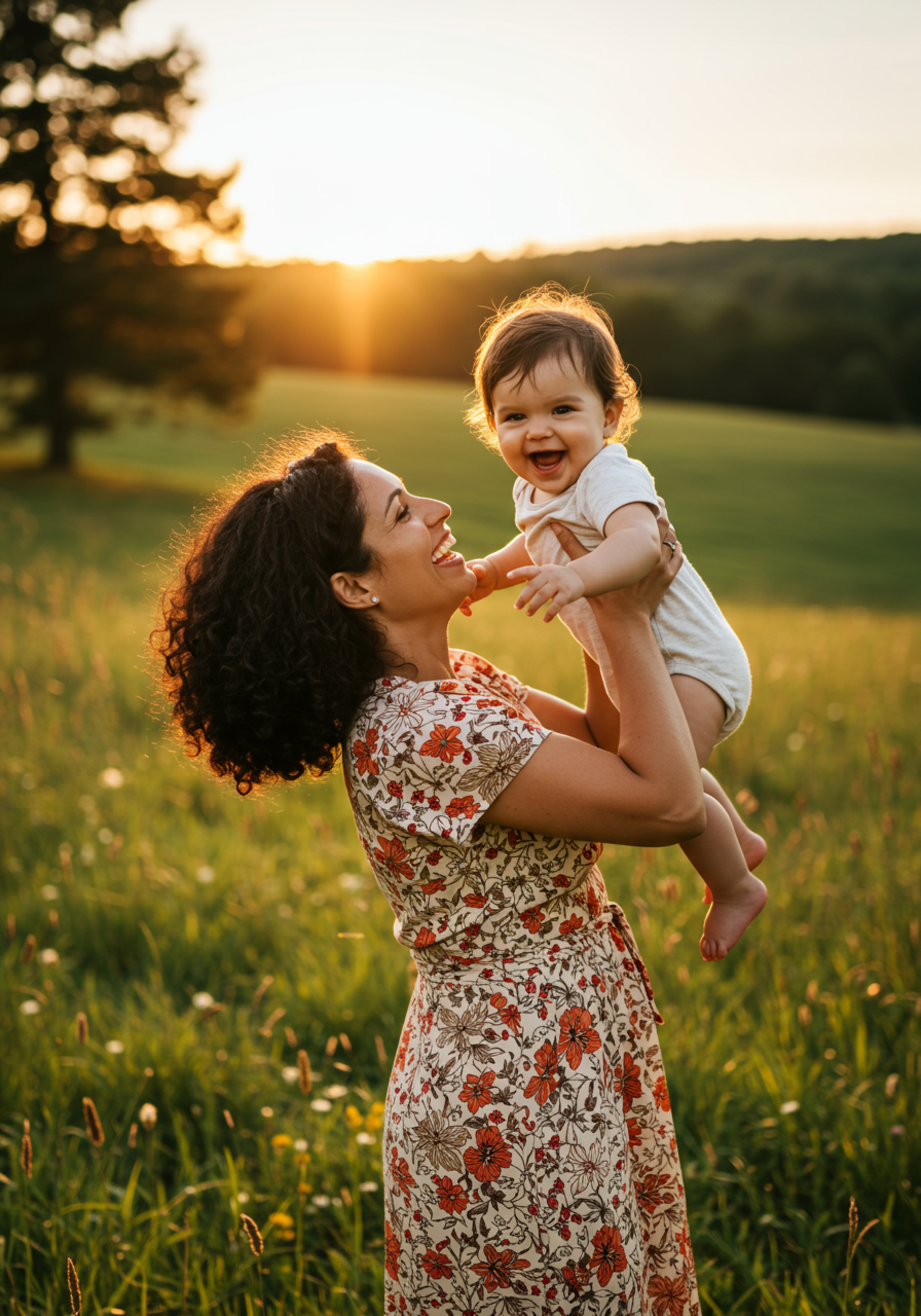 Mãe e bebê felizes ao pôr do sol